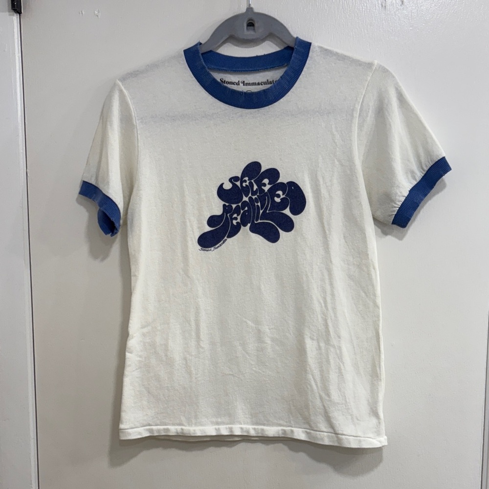 RARE Stoned Immaculate Cream and Blue Women’s “Self Realized” Ringer Tee-Shirt.